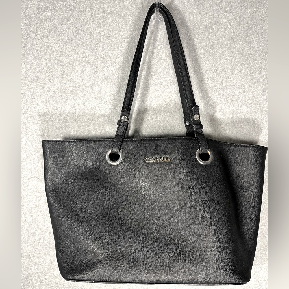 Calvin Klein Black Leather Tote Purse Shoulder Straps Silver Color Hardware